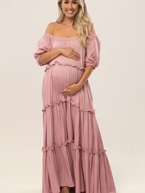 Women's Dusty Pink Tiered Maxi Dress with Puff Sleeves